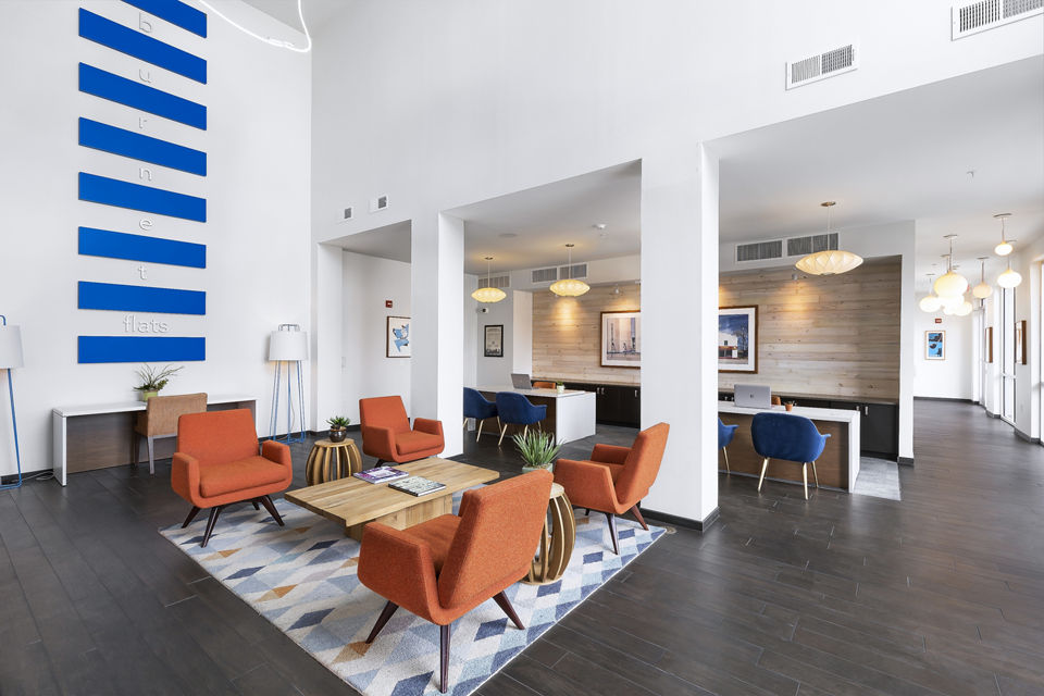 Elegant clubhouse with modern furnishings at Burnet Flats luxury apartments