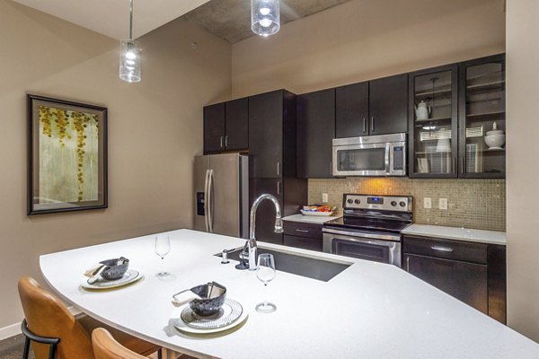 Modern kitchen with stainless steel appliances and sleek countertops at Elan Med Center Apartments