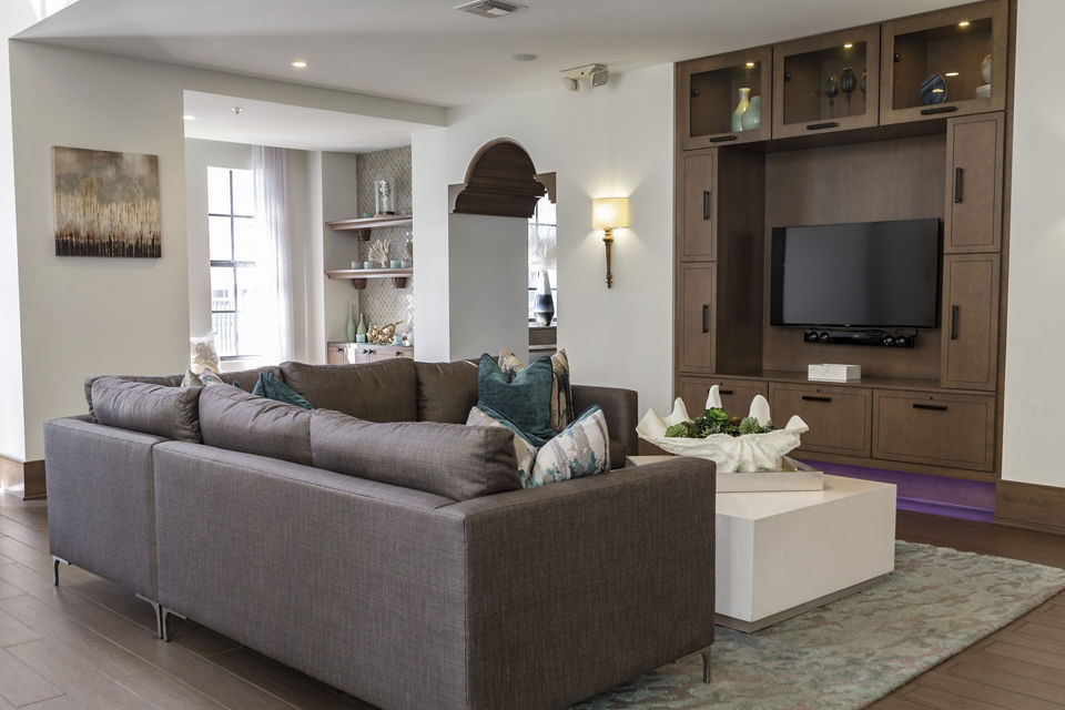 Modern clubhouse with sleek furnishings at 2 Bayshore Apartments in luxury Greystar community