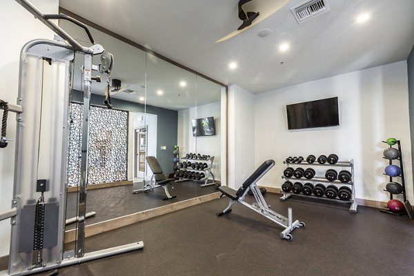 Fitness center with state-of-the-art equipment at 2 Bayshore Apartments, a Greystar luxury community