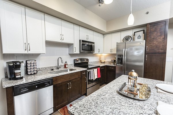 Modern kitchen with stainless steel appliances and island counter at 2 Bayshore Apartments, luxury living in San Francisco