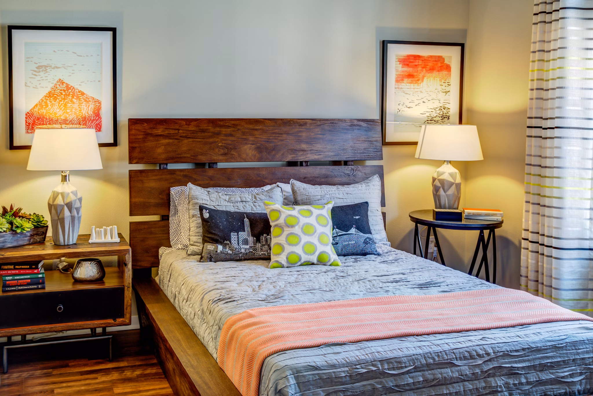 Spacious bedroom with modern decor at Coldwater Luxury Apartments