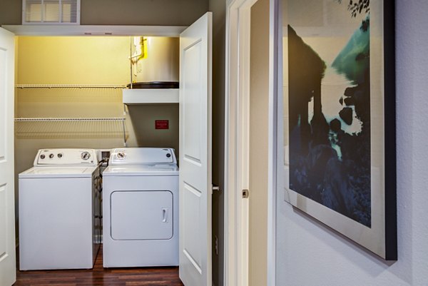 Laundry room with modern appliances at Coldwater Luxury Apartments, Greystar's upscale living community