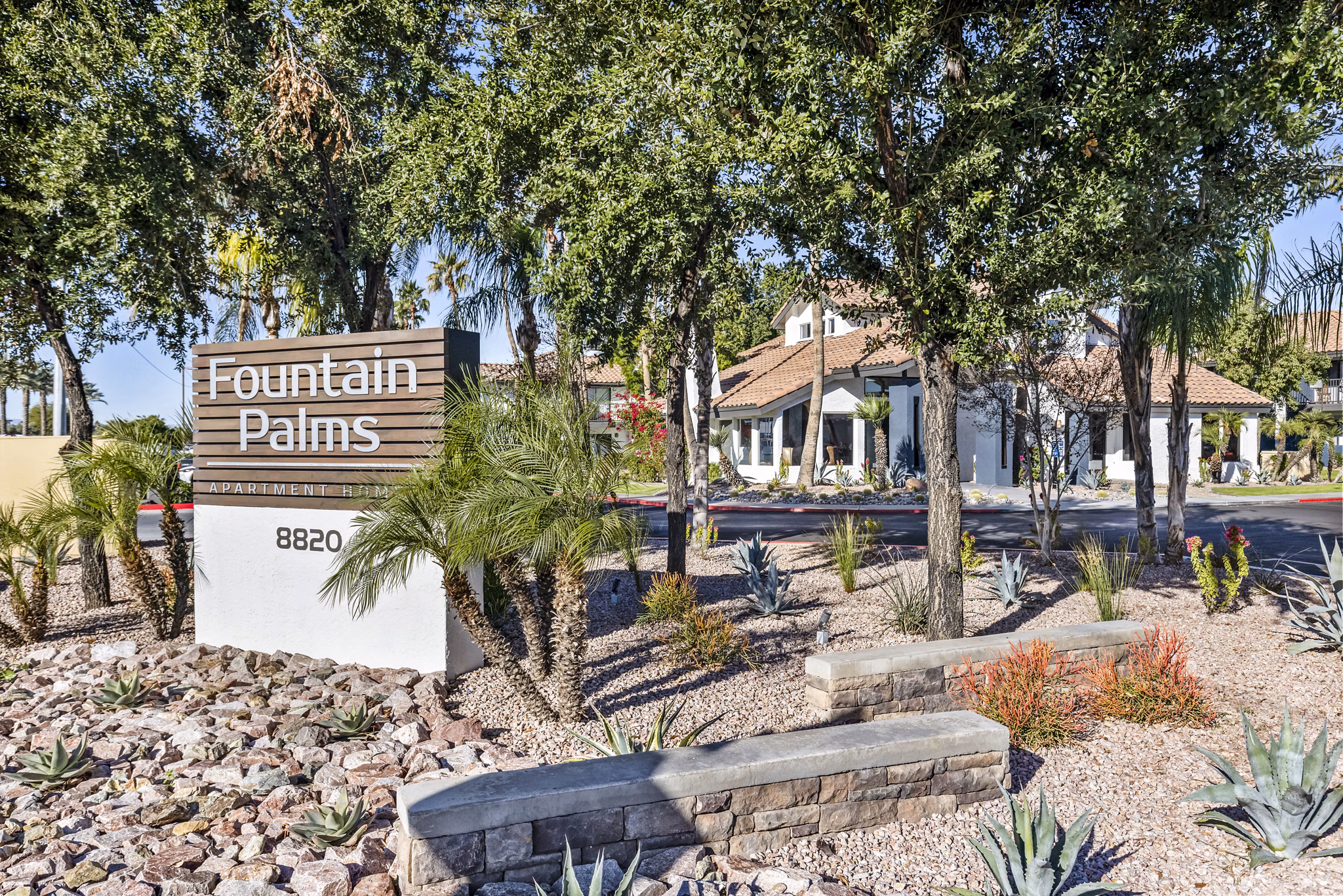 Updated signage at Fountain Palms Apartments highlighting modern design and clear navigation for residents and visitors