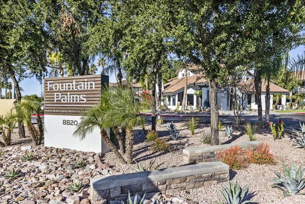 Updated signage at Fountain Palms Apartments highlighting modern design and clear navigation for residents and visitors