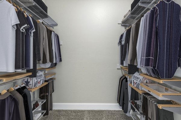 Modern bedroom closet with sliding doors at Fountain Palms Apartments, featuring ample storage space and sleek design