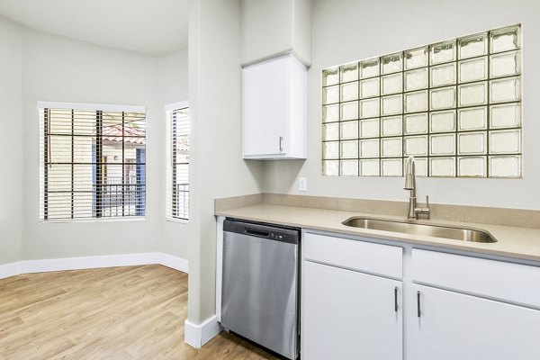 Modern kitchen with stainless steel appliances at Fountain Palms Apartments
