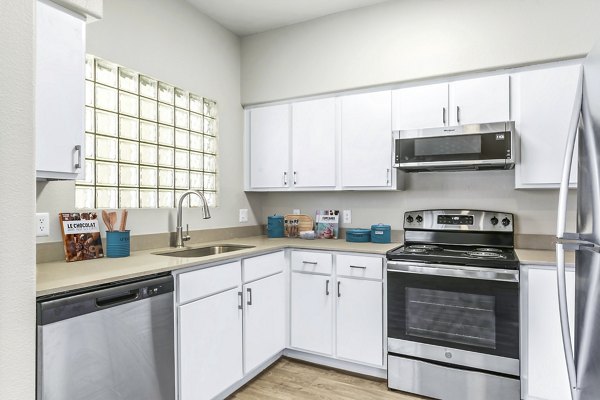 Modern kitchen featuring stainless steel appliances at Fountain Palms Apartments