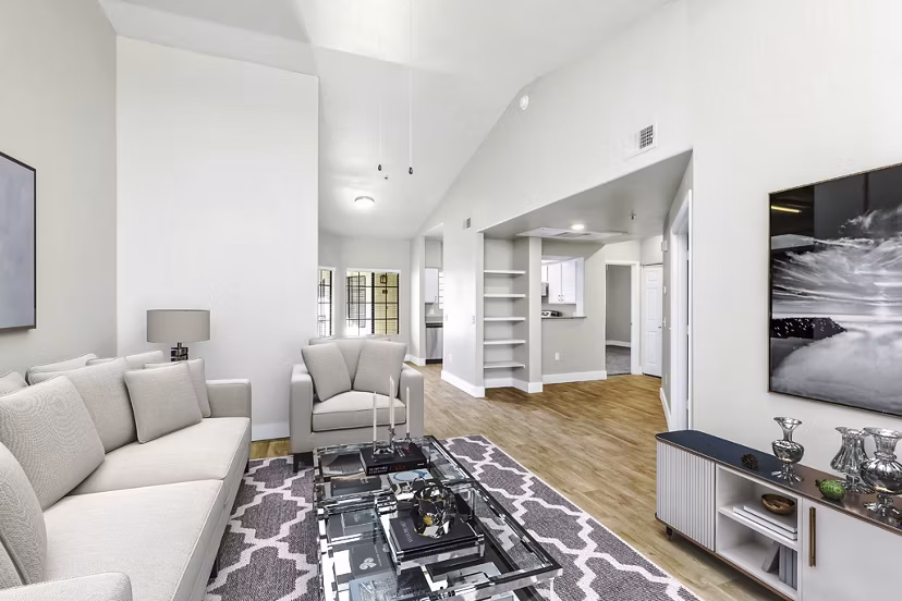 Spacious living room with modern furnishings at Fountain Palms Apartments, luxury rental by Greystar