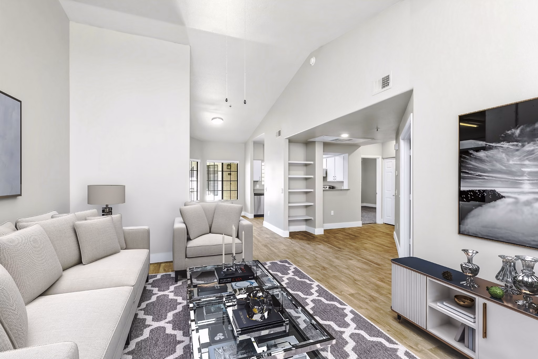Spacious living room with modern furnishings at Fountain Palms Apartments, luxury rental by Greystar