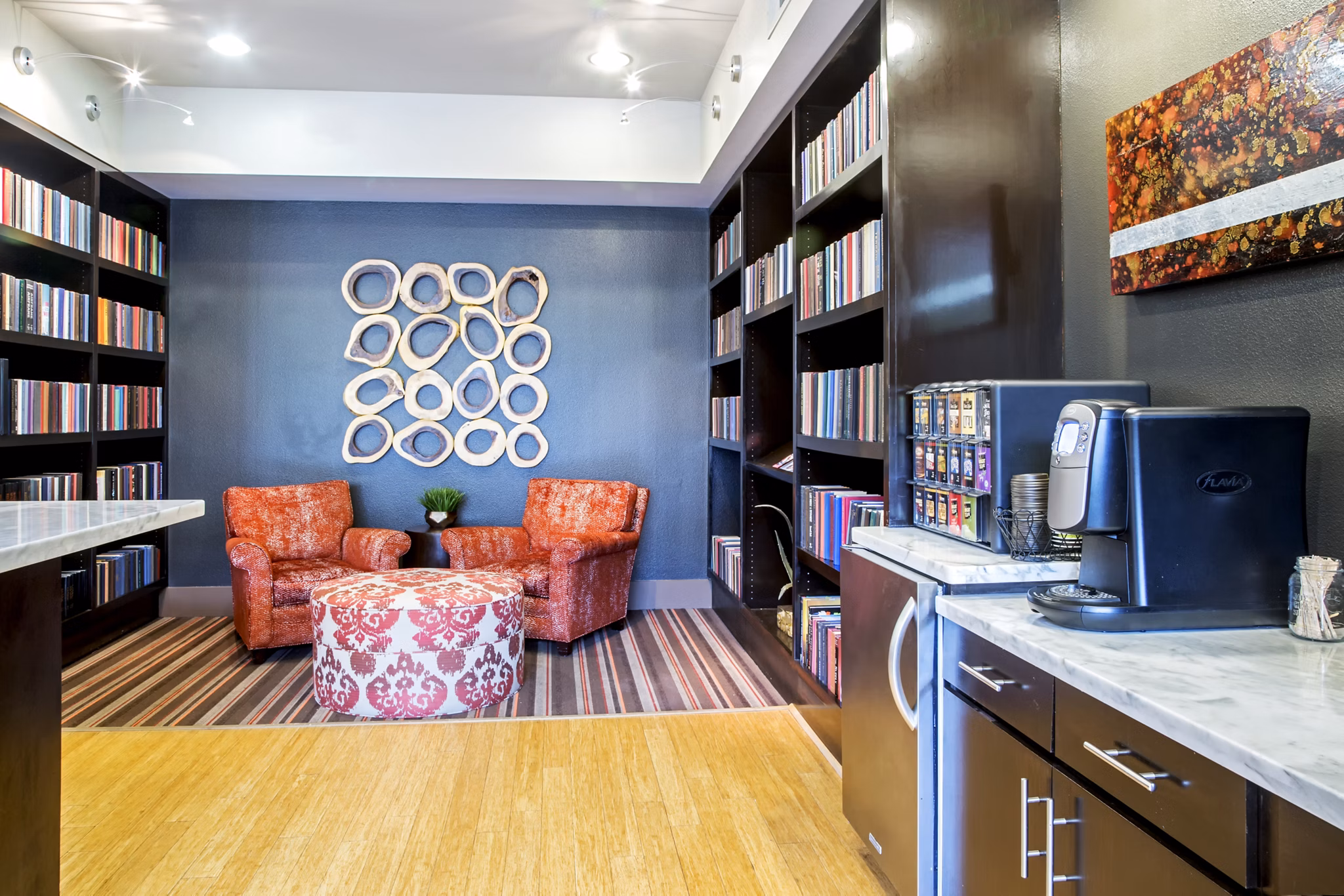 Clubhouse at Sawyer Heights Lofts: Modern luxury amenities for residents, including comfortable seating and social spaces
