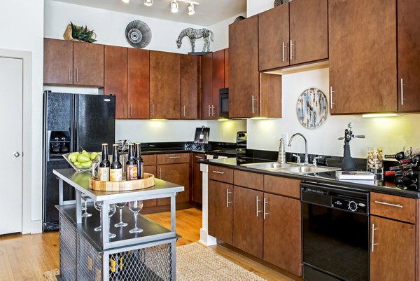 Kitchens with modern appliances and island in Sawyer Heights Lofts Luxury Apartments