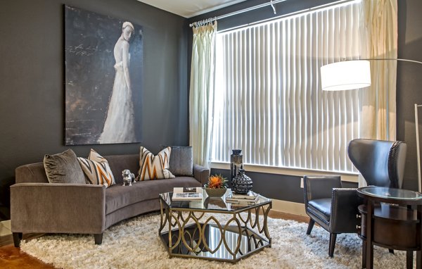 Spacious living room with modern decor at Sawyer Heights Lofts Luxury Apartments