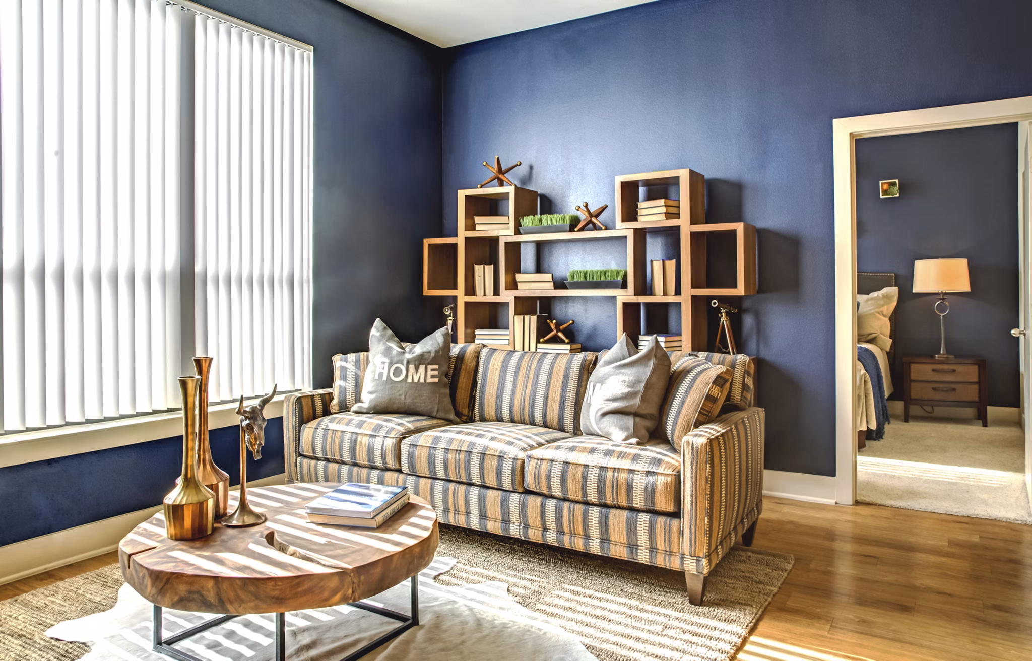 Spacious living room with modern decor in Sawyer Heights Lofts Luxury Apartments