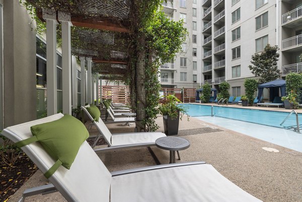 Patio featuring modern furniture and lush landscaping at The Devon Four25 Apartments