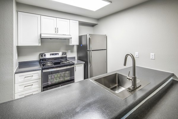 Modern kitchen featuring stainless steel appliances and quartz countertops at Avana at Happy Valley Apartments