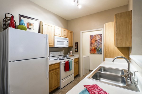 Modern kitchen with stainless steel appliances in Estancia at City Center Apartments