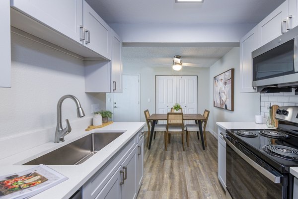 Modern kitchen featuring stainless steel appliances and granite countertops at Terra Vista at the Park Apartments