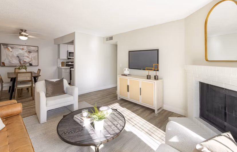 Spacious living room with modern decor at Terra Vista at the Park Apartments, luxury living in a stylish setting