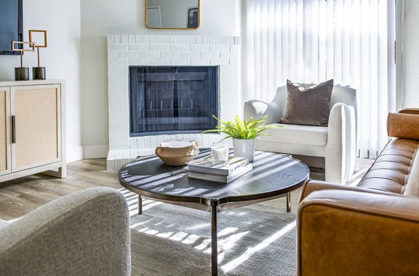 Spacious living room with modern decor at Terra Vista at the Park Apartments, luxury living in a stylish setting