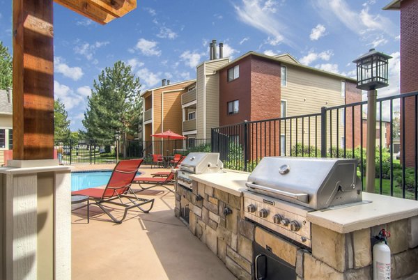 BBQ grill and pool area at Terra Vista at the Park Apartments offering luxury outdoor entertainment in a serene setting