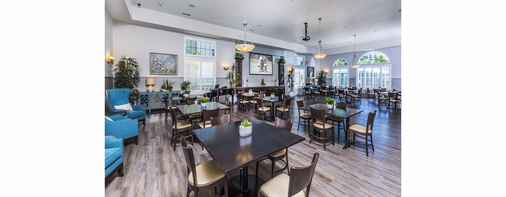 Elegant clubhouse ballroom with stylish decor at Overture Riverwalk luxury apartments