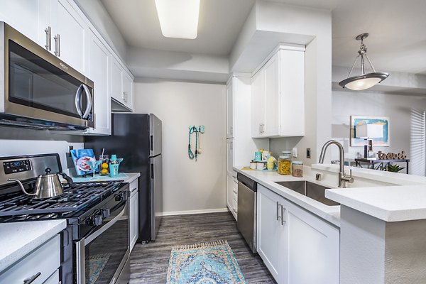 Modern kitchen with sleek countertops and stainless steel appliances at Overture Riverwalk luxury apartments