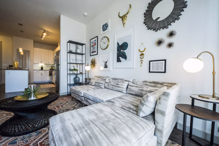 Spacious living room with contemporary decor at Corazon Apartments, Greystar luxury apartments