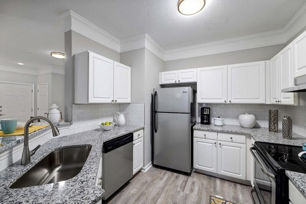 Modern kitchen with stainless steel appliances at Braxton at Brier Creek Apartments, offering luxury living in a vibrant setting
