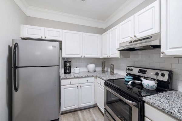 Modern kitchen with stainless steel appliances in Braxton at Brier Creek Apartments