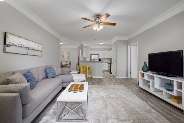 Modern living room with stylish furniture in Braxton at Brier Creek Apartments