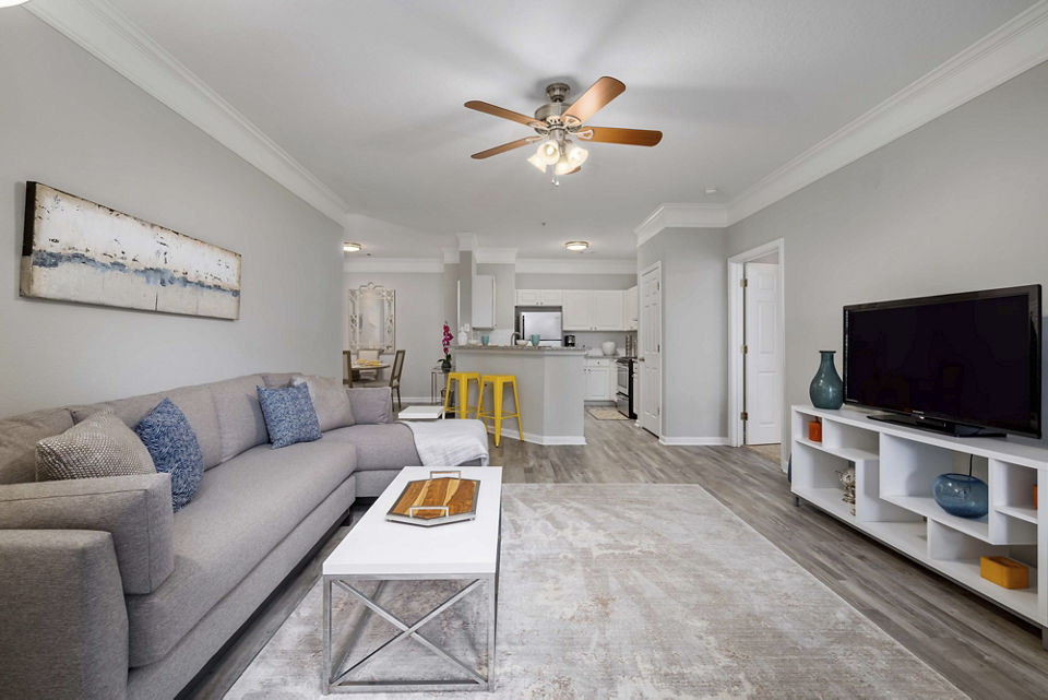 Modern living room with stylish furniture in Braxton at Brier Creek Apartments