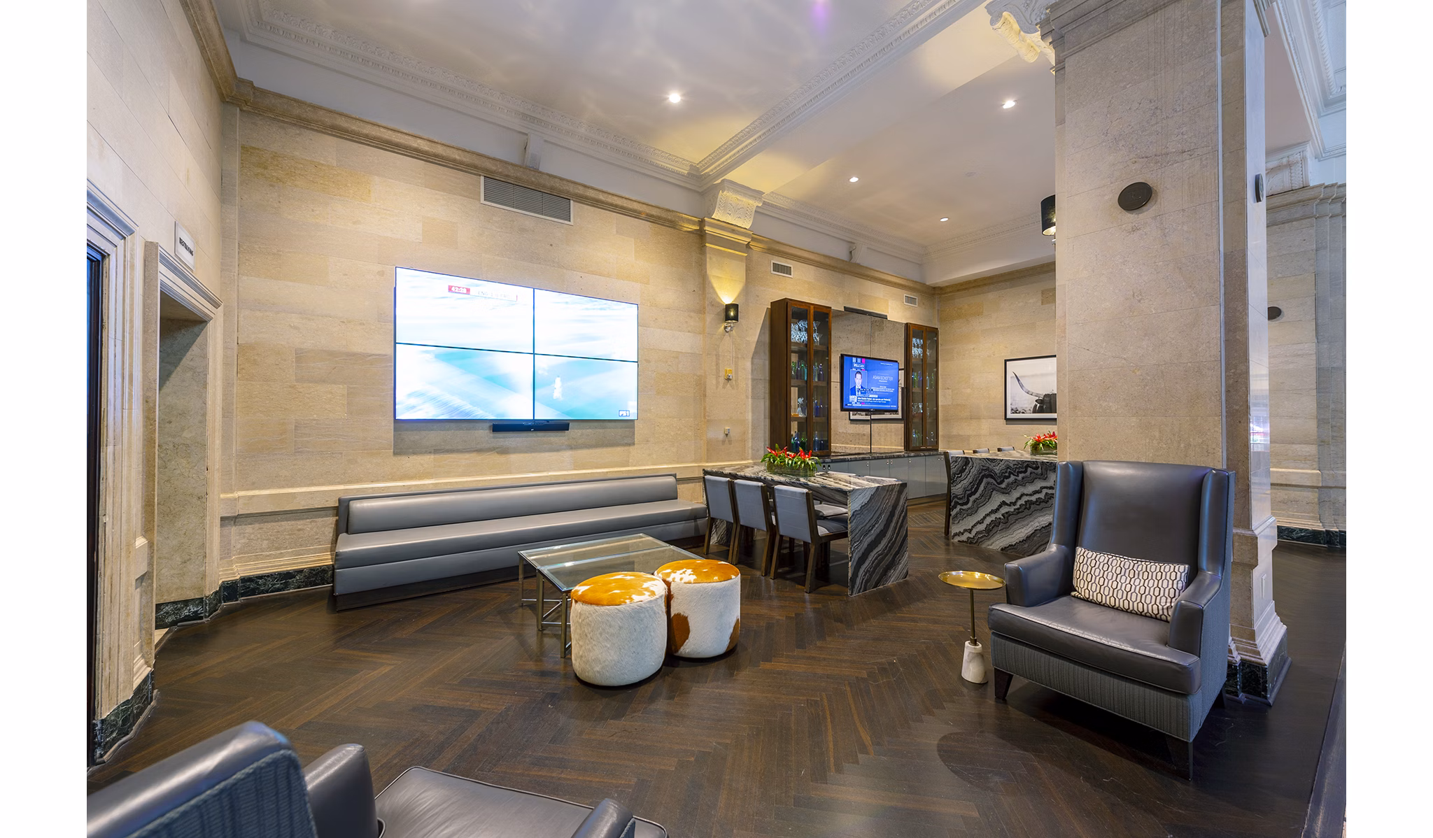 Modern gym with free weights and cardio machines at The Rice Apartments clubhouse