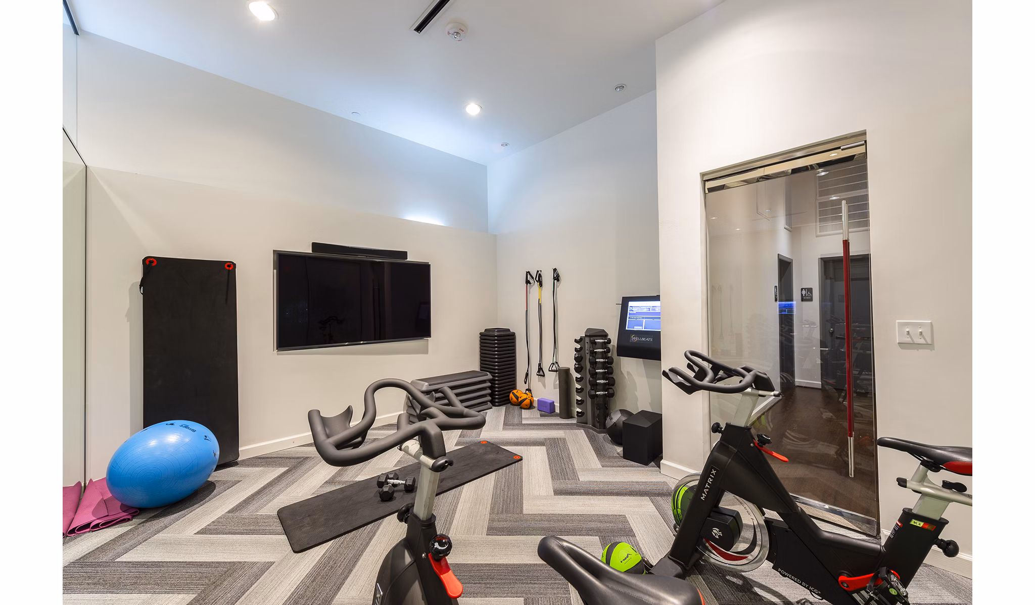 Fitness center equipped with modern exercise machines at The Rice Apartments