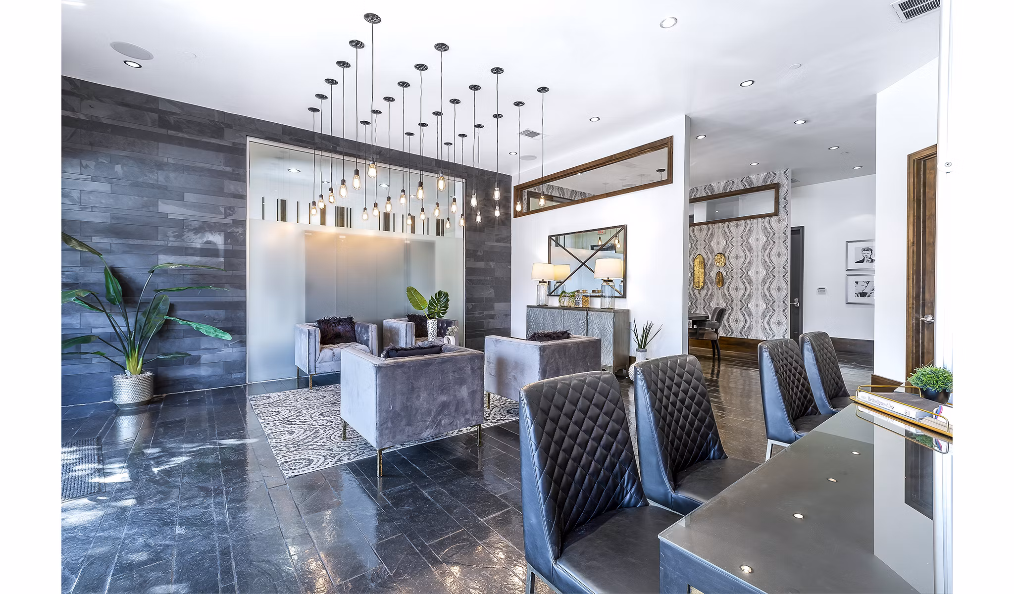 Modern clubhouse and leasing office at 5th Street Commons Apartments offering luxury amenities in an upscale community setting