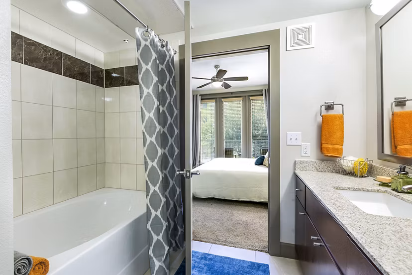 Modern bathroom with sleek fixtures at Pressler Apartments in Austin