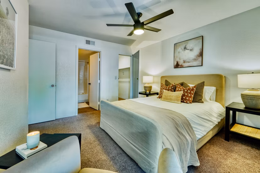 Cozy bedroom with modern decor at Be Mesa Apartments, Greystar luxury living space