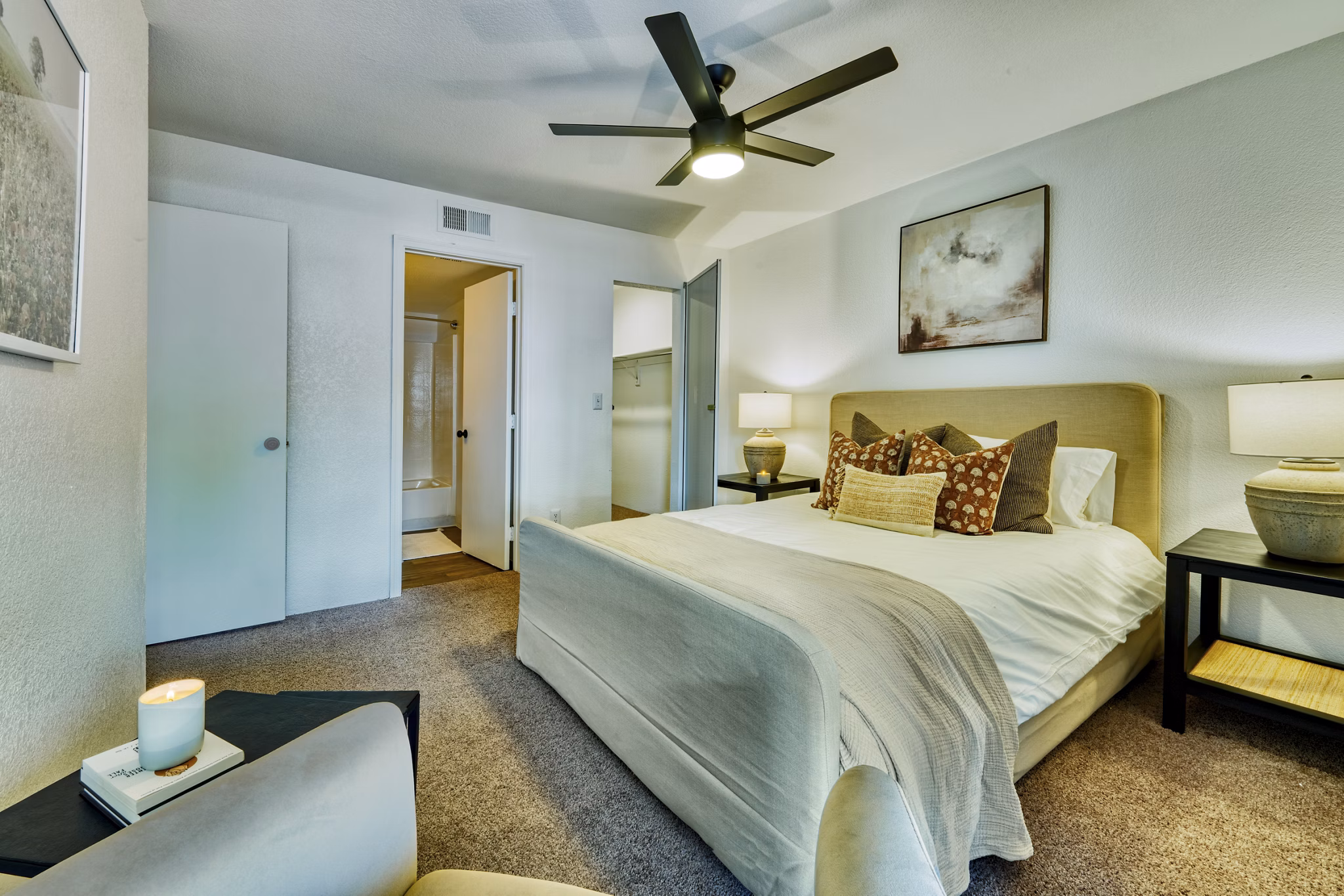Cozy bedroom with modern decor at Be Mesa Apartments, Greystar luxury living space