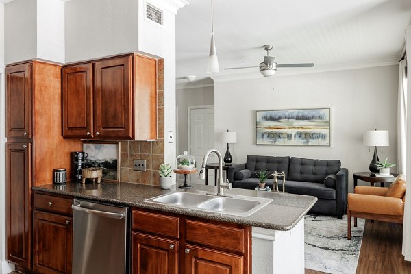 Modern kitchen with stainless steel appliances in Lantana Hills Apartments