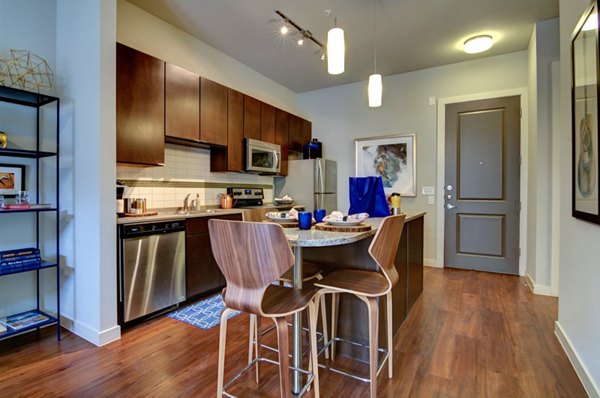 Modern kitchen with stainless steel appliances at River House Apartments, Greystar luxury apartments in prime location