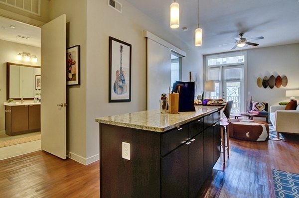 Modern kitchen with stainless steel appliances in River House Apartments