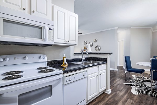 Modern kitchen with stainless steel appliances at Columns at Wakefield luxury apartments