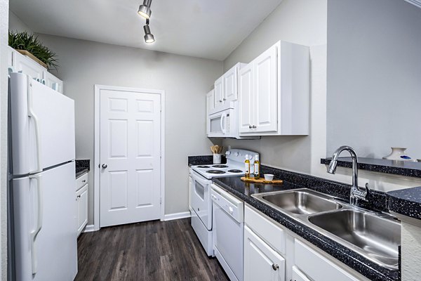 Modern kitchen with granite countertops and stainless-steel appliances at Columns at Wakefield luxury apartments