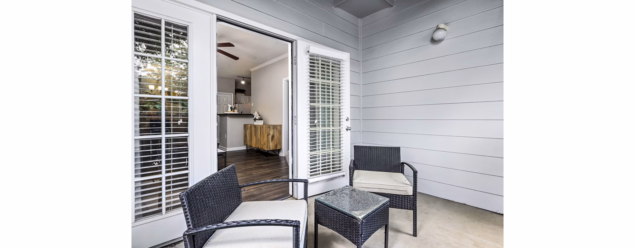 Elegant patio with outdoor seating at Columns at Wakefield luxury apartments