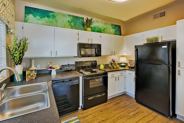 Modern kitchen with sleek countertops and stainless steel appliances at Pinnacle Terrace Apartments
