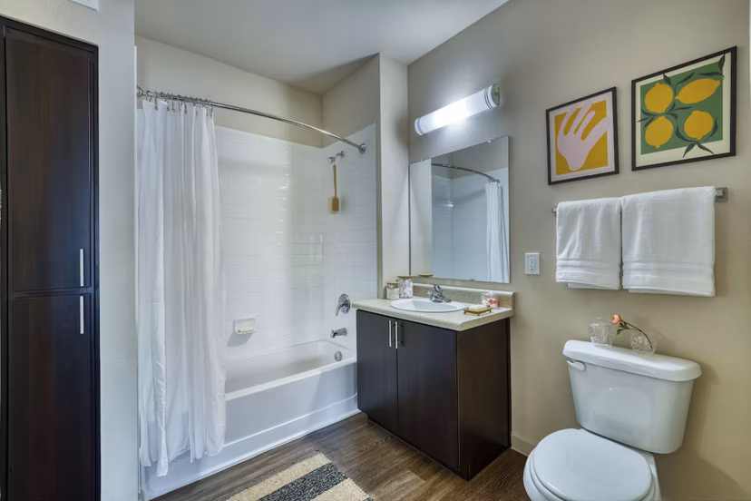 Seven Apartments: Modern bathroom with stylish fixtures in a luxury Greystar property