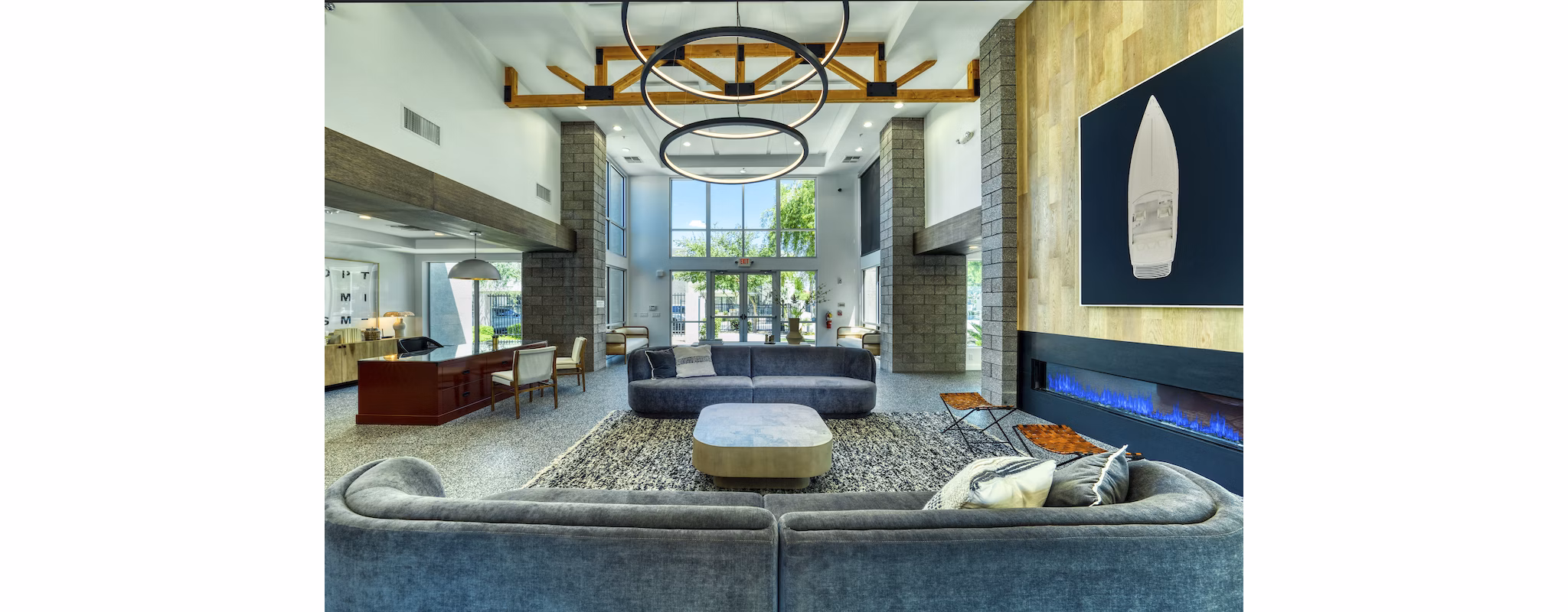Luxurious clubhouse with modern design at Seven Apartments, perfect for gatherings and relaxation