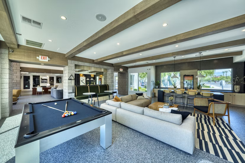 Luxurious clubhouse with modern design at Seven Apartments, offering premium amenities in a Greystar luxury apartment community