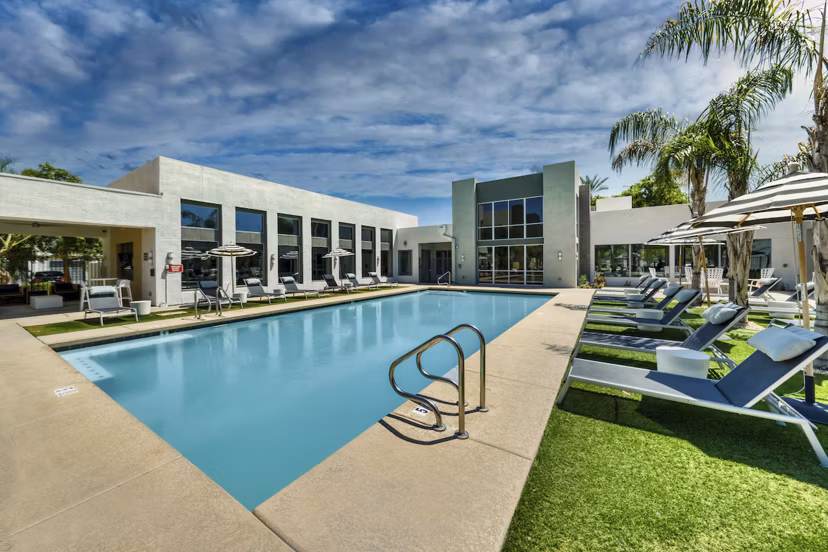 Rooftop pool with city views at Seven Apartments, a Greystar luxury community