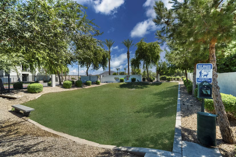Dog park at Seven Apartments: Spacious fenced area with agility equipment and seating for resident enjoyment